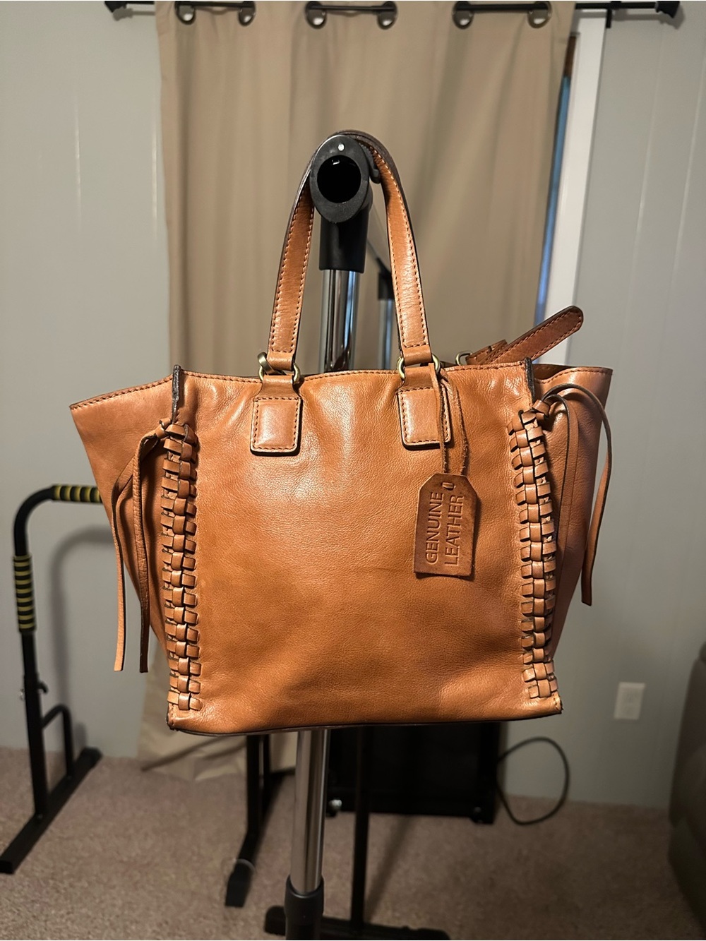 Genuine Leather Woven-Trim Shoulder Tote in Tan